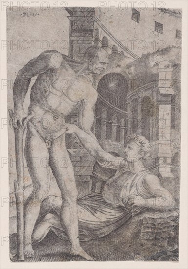 A Man Helping Another to His Feet, ca. 1514-36. Creator: Agostino Veneziano.