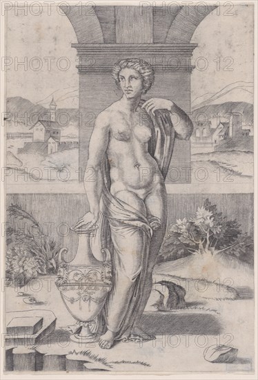 Woman Standing near a Vase, ca. 1514-36. Creator: Agostino Veneziano.