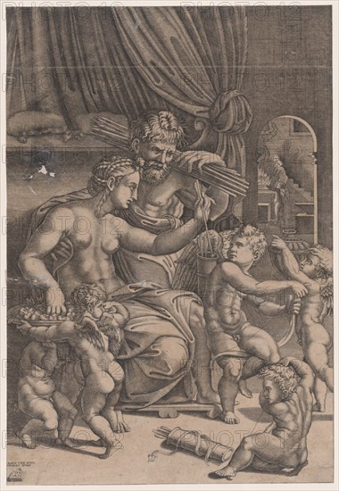 Venus and Vulcan Surrounded by Cupids, dated 1530. Creator: Agostino Veneziano.