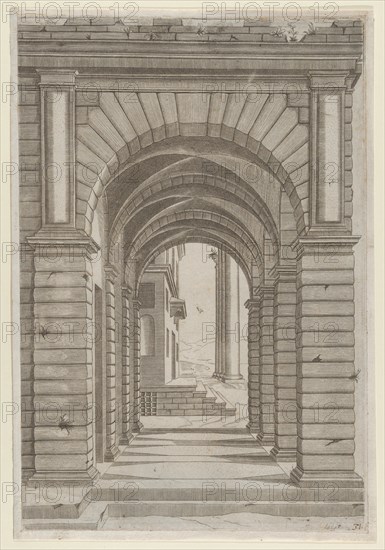 Speculum Romanae Magnificentiae: Front of a Building seen sideways through an arca..., 16th century. Creator: Anon.