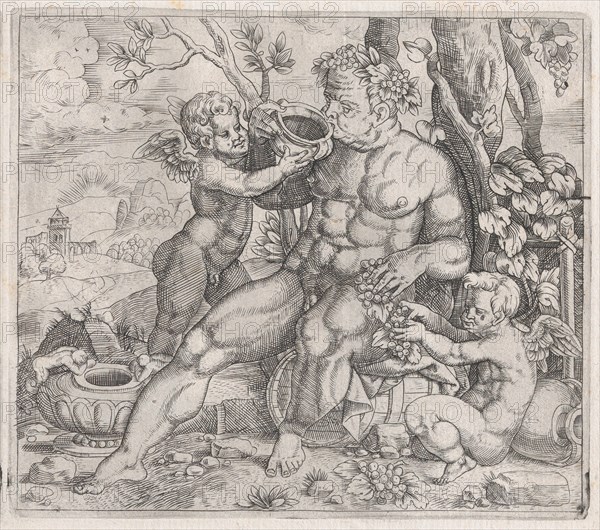 Speculum Romanae Magnificentiae: Bacchus, Seated, Drinking from a Vase Presented b..., 16th century. Creator: Anon.