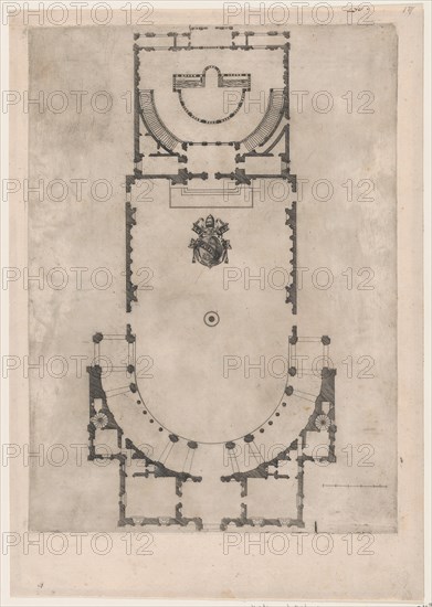 Speculum Romanae Magnificentiae: Ground plan of a building with the arms of Pope J..., 16th century. Creator: Anon.