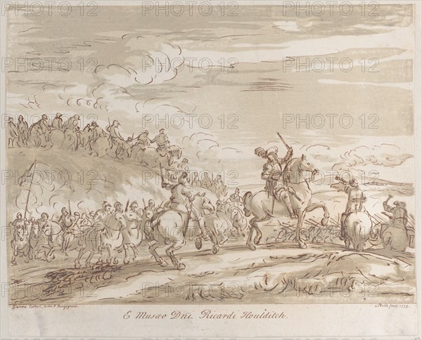 Cavalry advancing to the charge, with a central figure on horseback raising a sword, 1735., 1735. Creator: Arthur Pond.
