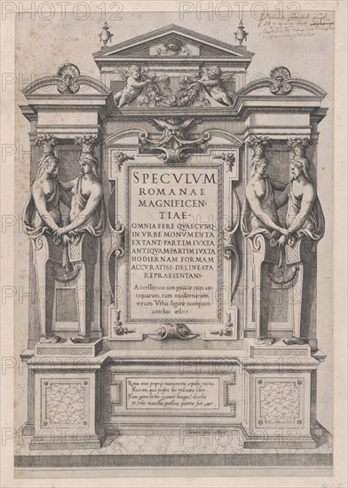 Speculum Romanae Magnificentiae: Title Page engraved within architectonic and sculptura..., 1573-77. Creator: Etienne Duperac.