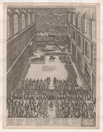 Speculum Romanae Magnificentiae: A Papal Gathering in the Sistine Chapel, Michelangelo's L..., 1582. Creator: Giovanni Ambrogio Brambilla.