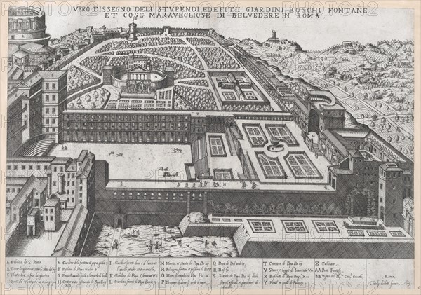 Speculum Romanae Magnificentiae: Aerial View of the Belvedere and its Gardens, 1579., 1579. Creator: Attributed to Giovanni Ambrogio Brambilla.