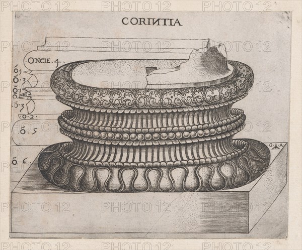 Speculum Romanae Magnificentiae: Corinthian base, ca. 1537., ca. 1537. Creator: Master GA.