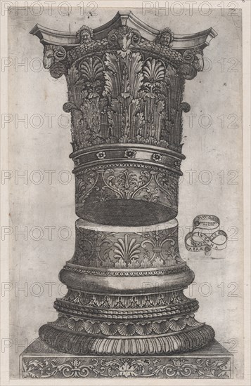 Speculum Romanae Magnificentiae: Decorated capital and base in the Temple of Jupiter, ..., ca. 1537. Creator: Attributed to Master G.A..