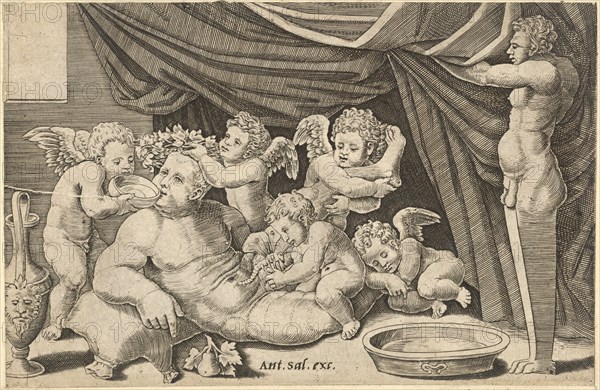 Speculum Romanae Magnificentiae: Bacchus Surrounded by Putti with Priapus holding ..., 16th century. Creator: Master of the Die.