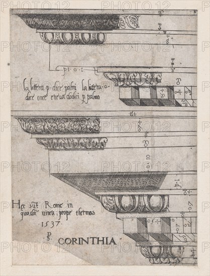 Speculum Romanae Magnificentiae: Corinthian entablature, 1537., 1537. Creator: Master PS.