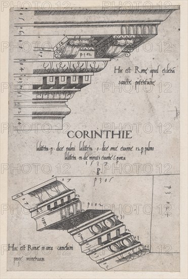 Speculum Romanae Magnificentiae: Entablatures from Santa Pudenziana and the Arch of Camigl..., 1537. Creator: Master PS.