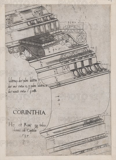 Speculum Romanae Magnificentiae: Entablature from the Temple of Vespasian, Rome, 1537., 1537. Creator: Master PS.