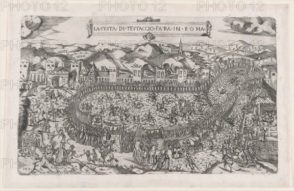 Speculum Romanae Magnificentiae: Carnival games held in the Mount Testaccio in Rome, 1558., 1558. Creators: Vincenzo Luchino, Monogrammist ITF.