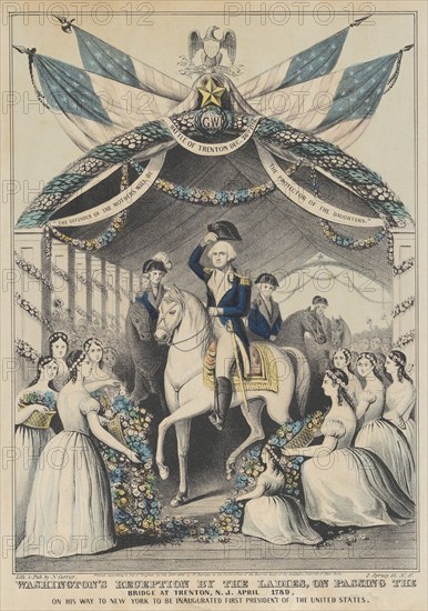 Washington's Reception by the Ladies on Passing the Bridge at Trenton, N.J., April 1789, o..., 1845. Creator: Nathaniel Currier.