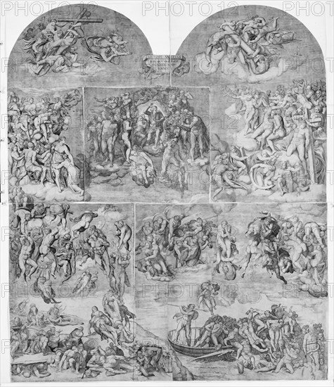 Trumpeting Angels and Damned Souls Being Pulled Down by Devils (lower center and right sec..., 1548. Creator: Niccolo della Casa.
