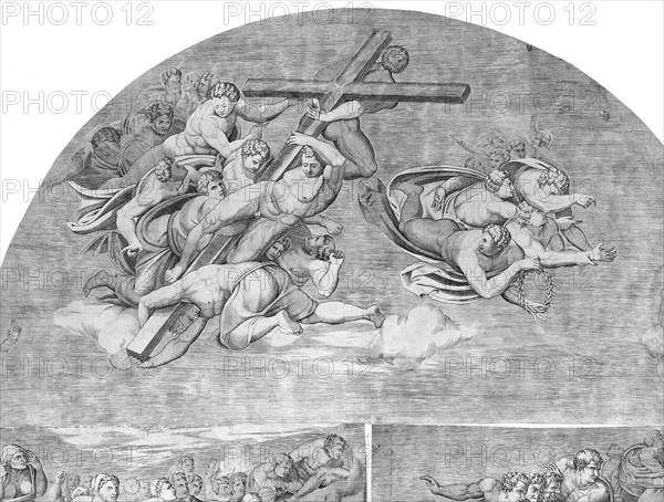 Angels Carrying the Cross with Saints below (upper left section of the Last Judgment), 1548., 1548. Creator: Niccolo della Casa.