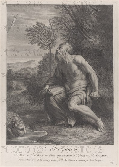 Saint Jerome seated by a tree looking up at a crucifix, a lion drinking water from a strea..., 1728. Creators: Nicolas Chateau, Louis Surugue.