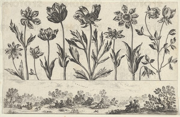 Horizontal Panel with a Row of Flowers Above a Frieze with Figures in a Landscape, from Li..., 1645. Creator: Nicolas Cochin.