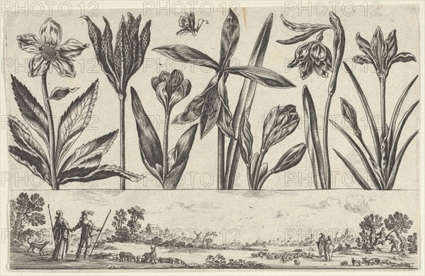 Horizontal Panel with a Row of Flowers Above a Frieze with Figures in a Landscape, from Li..., 1645. Creator: Nicolas Cochin.