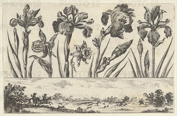Horizontal Panel with a Row of Flowers Above a Frieze with a Hunting Scene in a Landscape,..., 1645. Creator: Nicolas Cochin.