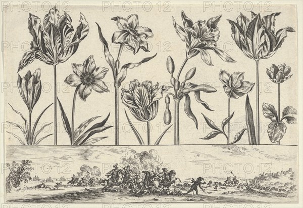 Horizontal Panel with a Row of Flowers Above a Frieze with a Battle Scene in a Landscape, ..., 1645. Creator: Nicolas Cochin.