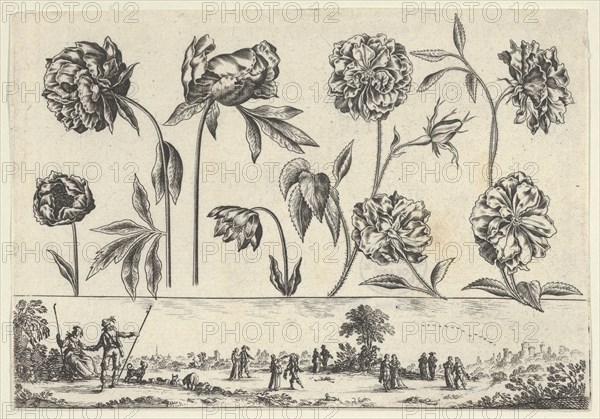 Horizontal Panel with a Row of Flowers Above a Frieze with Figures in a Landscape, from Li..., 1645. Creator: Nicolas Cochin.