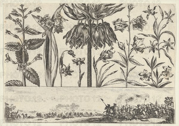 Horizontal Panel with a Row of Flowers Above a Frieze with a Battle Scene in a Landscape, ..., 1645. Creator: Nicolas Cochin.