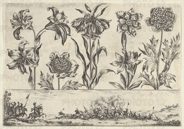 Horizontal Panel with a Row of Flowers Above a Frieze with a Battle Scene in a Landscape, ..., 1645. Creator: Nicolas Cochin.