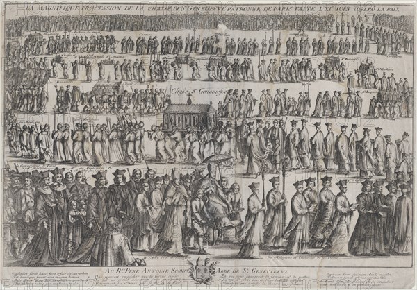 The procession of the casket of St. Genevieve, with clerics and laymen marching in six row..., 1652. Creator: Nicolas Cochin.