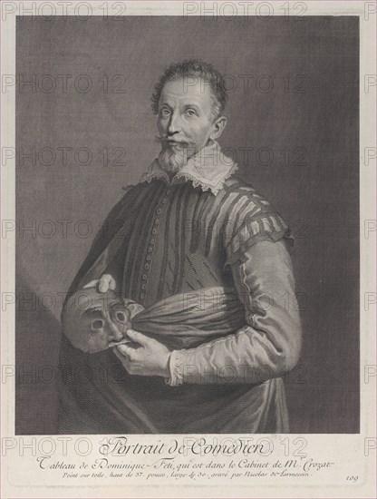 Portrait of a Comedian: portrait of Francesco Andreini holding a mask, 1729-40., 1729-40. Creator: Nicolas de Larmessin.