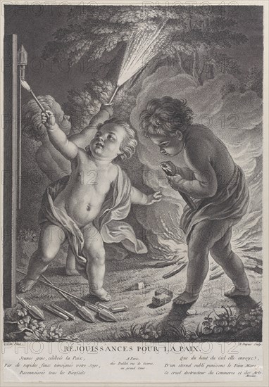 Celebrating Peace (Réjouissances pour la paix), three putti with fireworks, 1745-71., 1745-71. Creator: Nicolas-Gabriel Dupuis.