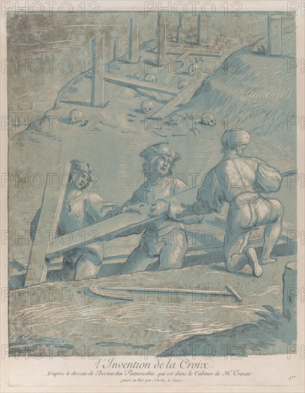 The invention of the cross; three men lifting a cross from a trench; from 'Recueil ..., ca. 1729-64. Creator: Nicolas Le Sueur.