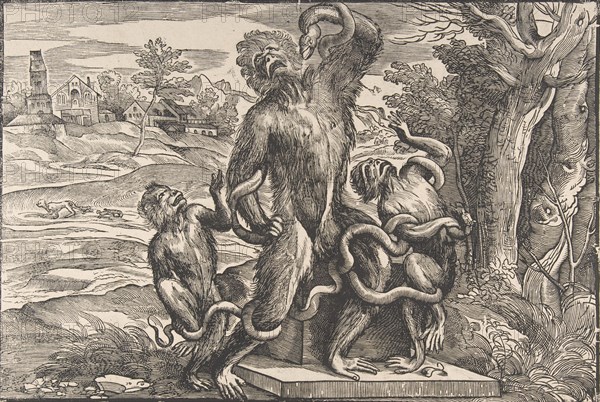 Caricature of the scuptural group, 'the Laocoön', ca. 1540-45., ca. 1540-45. Creator: Attributed to Nicolò Boldrini.