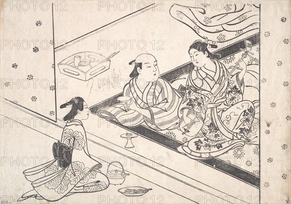 Lady Playing Shamisen, with Her Lover and Attendant Nearby. Creator: Nishikawa Sukenobu.