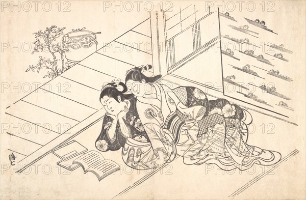 Two Women Reclining on the Floor of a Room and Reading a Book, ca. 1730., ca. 1730. Creator: Nishikawa Sukenobu.