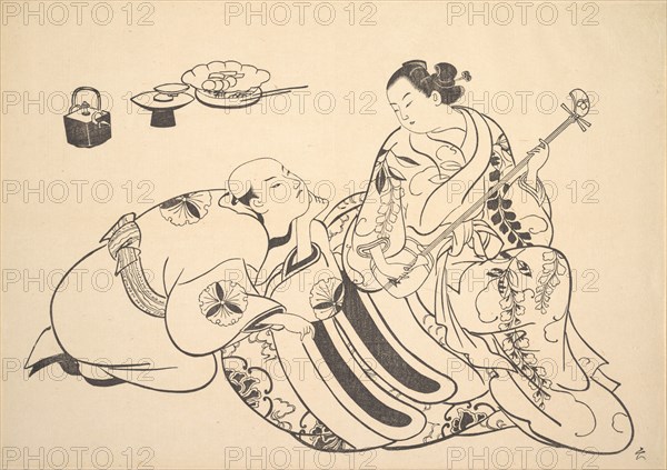 An Oiran Playing the Shamisen to a Young Man Kneeling by Her Side in Rapt Attention. Creator: Unknown.