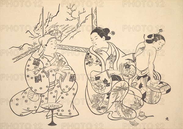 An Oiran Seated in a Parlor Applies the Fire Treatment to the Bared Back of Another Woman. Creator: Unknown.