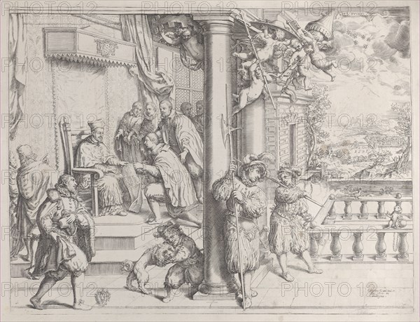 A Young Man Presenting his Thesis to Cardinal Aldobrandini, 1620., 1620. Creator: Oliviero Gatti.