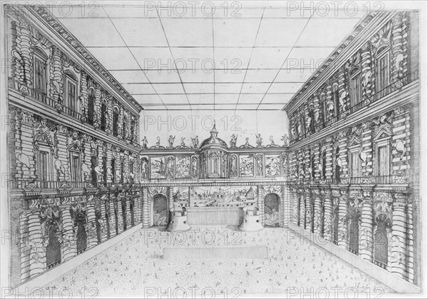 Court of Palazzo Pitti decorated with Candelabra, from an Album with Plates Documenti..., 1589-1592. Creator: Orazio Scarabelli.