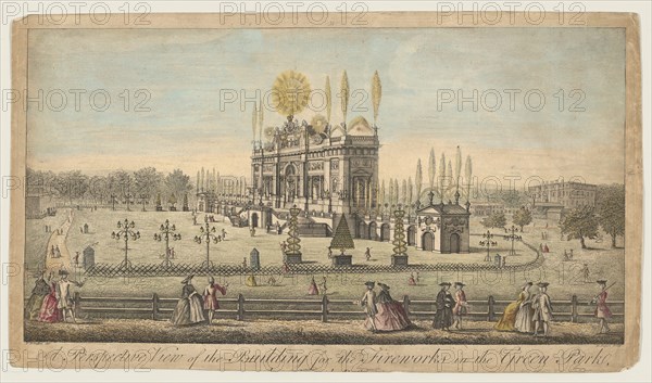 A Perspective View of the Building for the Fireworks in the Green Park, London, ca. 1749. Creator: Paul Angier.