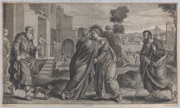 Visitation; Saint Elizabeth embracing the Virgin at center as Saint Joseph walks to..., ca. 1656-60. Creators: Pieter van Lisebetten, David Teniers II.