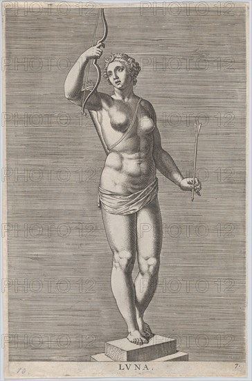 Plate 7: Diana; statue of the nude goddess standing on a socle, wearing a crescent moon in..., 1586. Creator: Philip Galle.