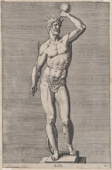 Plate 4: Apollo; statue of the nude god standing on a socle, wearing a crown and holding a..., 1586. Creator: Philip Galle.