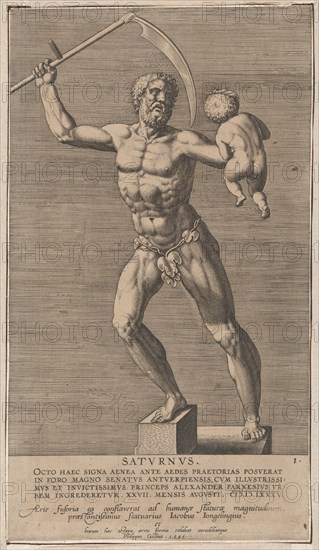 Plate 1: Saturn; statue of the nude god standing on a socle, holding a scythe in his right..., 1586. Creator: Philip Galle.