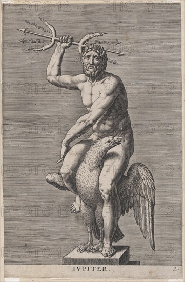 Plate 2: Jupiter; statue of the nude god seated on an eagle, holding a double trident; fro..., 1586. Creator: Philip Galle.