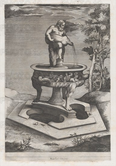 Speculum Romanae Magnificentiae: A Fountain and Basin, 1581., 1581. Creator: Pieter Perret.
