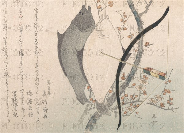 Halibuts and a Bow with Arrow Hanging on a Plum Tree, 19th century., 19th century. Creator: Shinsai.