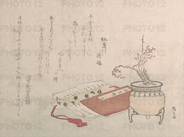 Potted Plum Tree in Blossom and Books, 19th century., 19th century. Creator: Shinsai.