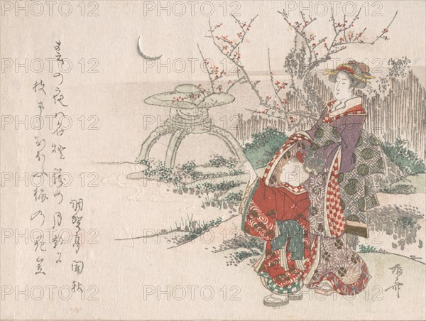 Woman with a Child in the Garden Looking at the New Moon, 19th century., 19th century. Creator: Shinsai.