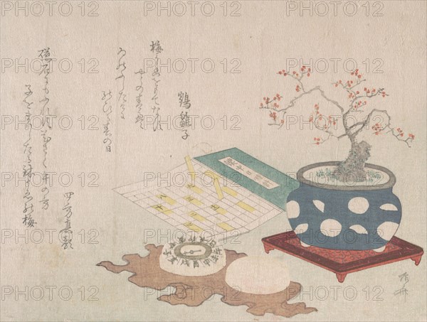 Bonsai Plum, Compass, and Pocket Sundial with Design of Calendar, from Spring Rain Surimon..., 1806. Creator: Shinsai.